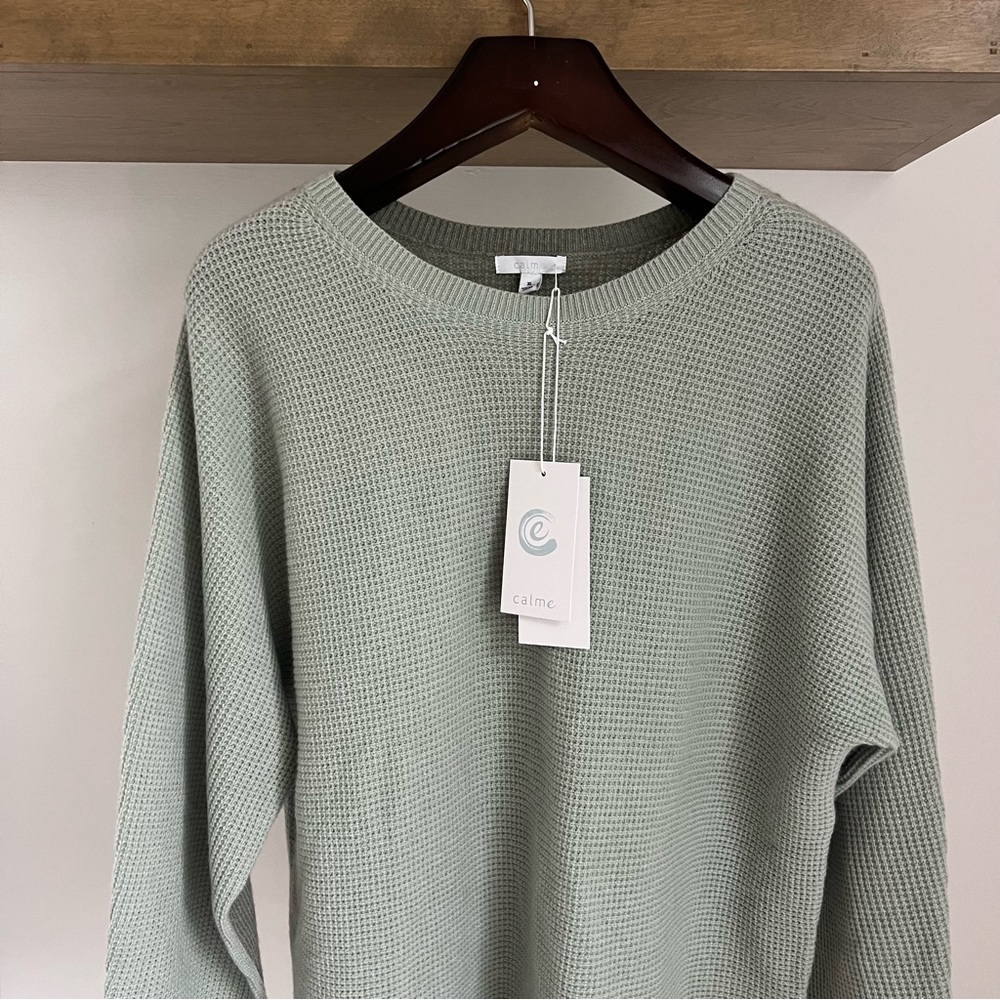 JOHNNY WAS CALME Green Color Block Cashmere Waffle Texture Sweater